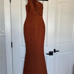 Fashion Nova LUX Rust One-Shoulder Beaded Evening Gown